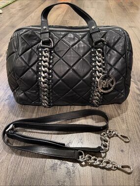 Michael Kors Black Quilted Satchel with Silver Chain Trim + Crossbody Strap
